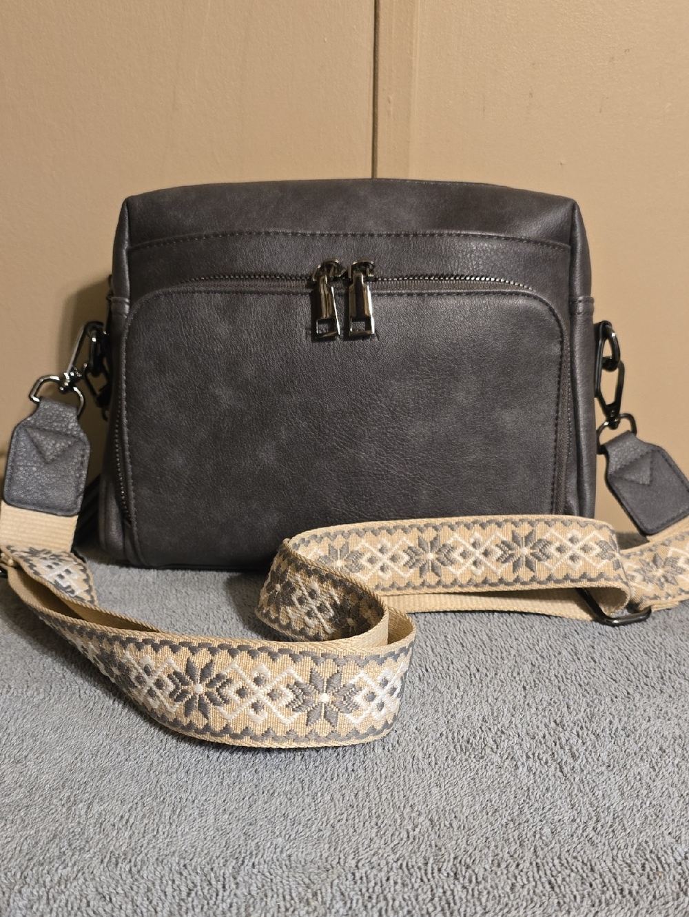 Gray Crossbody Bag with Patterned Strap